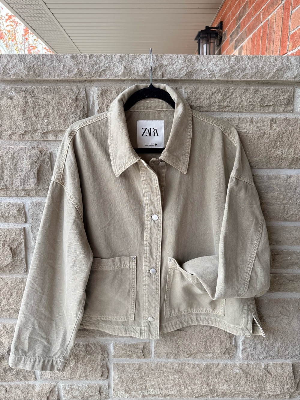 Zara Khaki Beige Cropped Cotton Denim Utility Jacket Oversized XL
